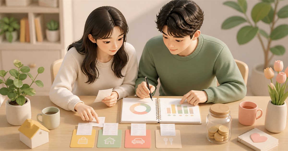 情侣一起整理收支分类并进行月度记账复盘